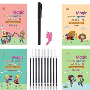 4Pc Magic Practice Copybook for Kids,Handwriting Practice Book 4 Pack with 10 Refill English Cursive Calligraphy Reusable Age 3-8 Refil