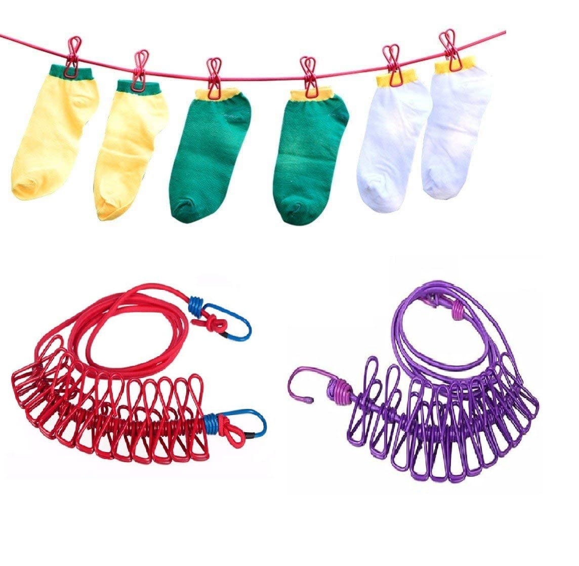 Winberg Cloth line Elastic Rope with Clip 12 Clip Pack of 2 Rope Combo  Offer - Glitter Collection