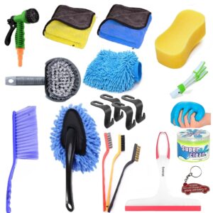 Winberg 19 Pcs Car Cleaning Kit Microfiber Towel 2 pcs 600 GSM 1 Carpet Brush 1 Scurb 1 Glove 4 Hook 1 Gelly 1 Wiper 1 duster 3 wire brush 1 Tyre Brush 1Nozel spray 1 Keychain 1Ac wind Brush
