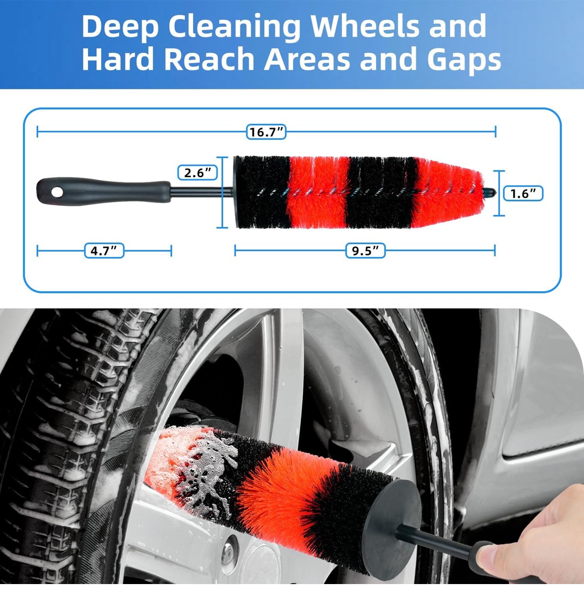 Winberg Car Tyre Rim Cleaning Brush with Long Handle, Red and Black, 16.7 Inches RRC - Image 2