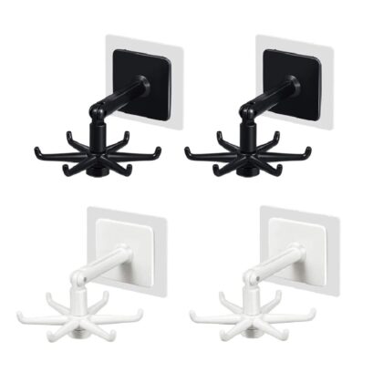 Winberg Rotating Wall Hook, Self-Adhesive Kitchen Utensil Holder, 6 Hooks, Black and White, Pack of 4 HK34
